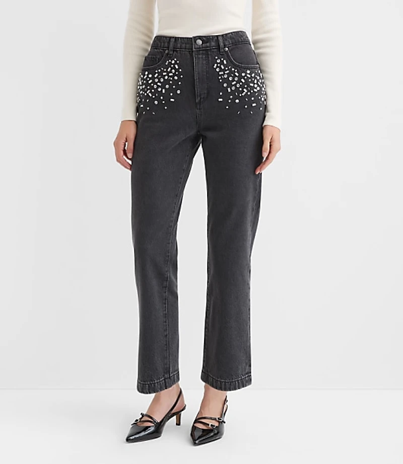 Jeweled Pocket High Rise Straight Jeans Washed Black