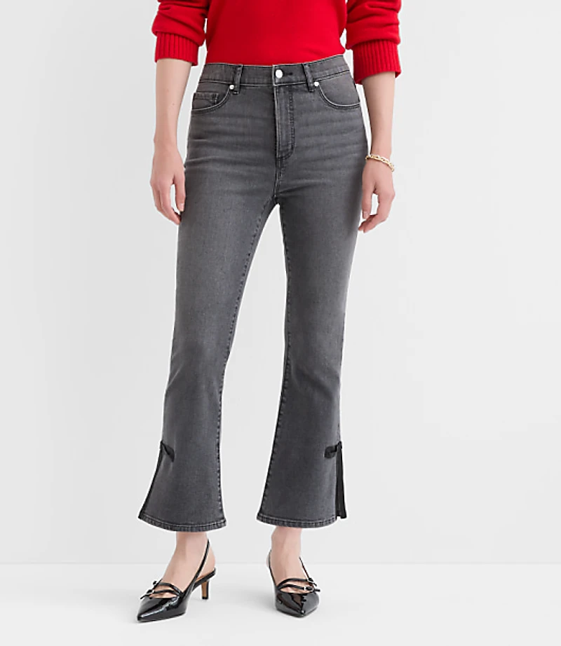 Satin Bow High Rise Kick Crop Jeans Washed Black