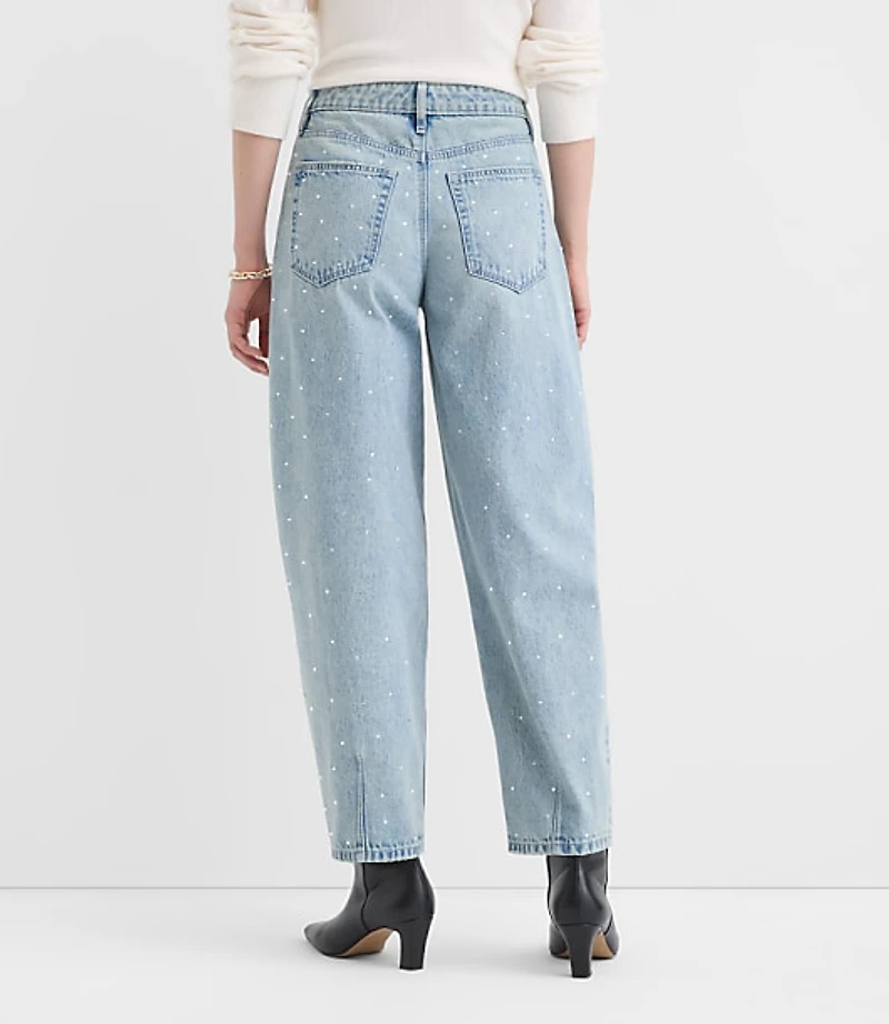Petite Sparkle Embellished High Rise Barrel Jeans Vintage Light Indigo Wash