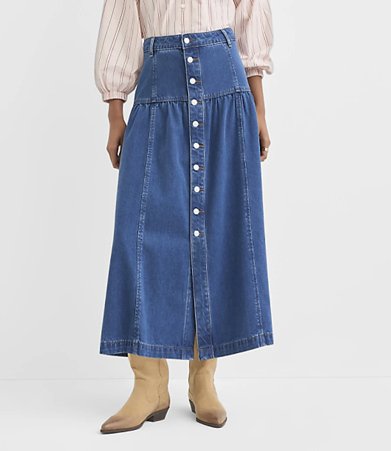 Petite Yoke Button Denim Midi Skirt Classic Mid Wash