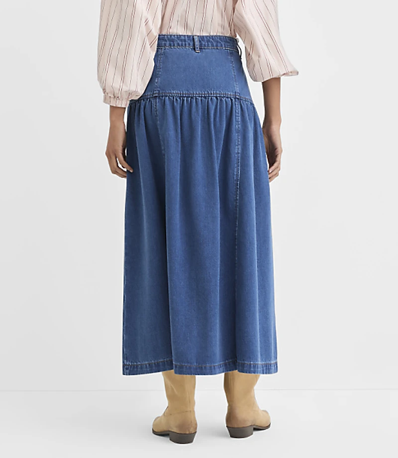 Petite Yoke Button Denim Midi Skirt Classic Mid Wash