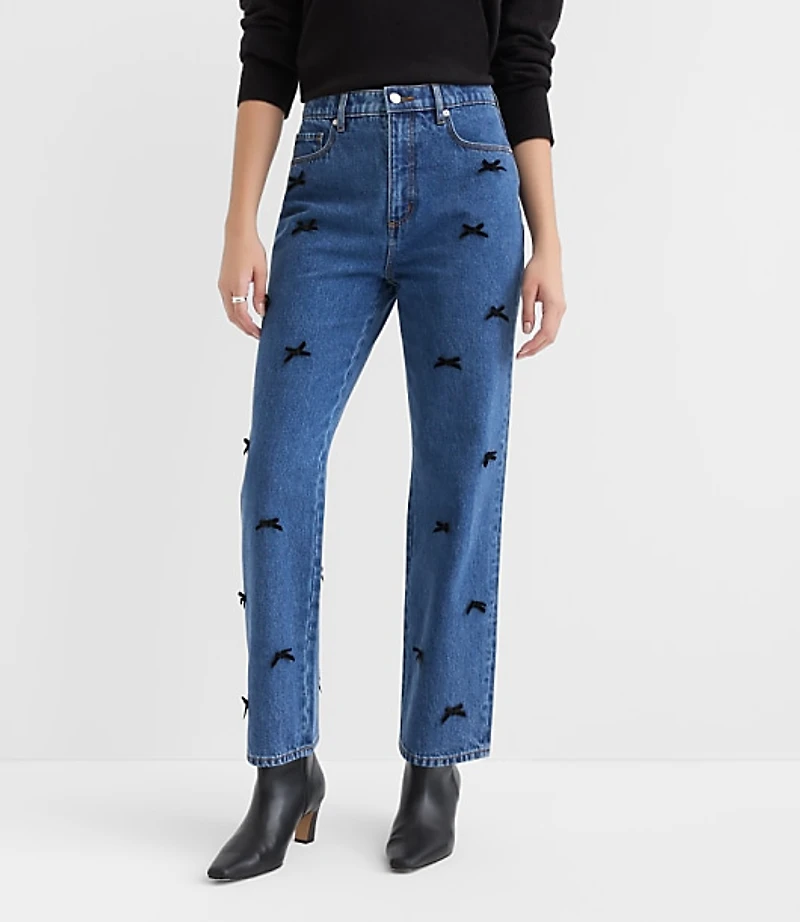 Petite Velvet Bow High Rise Straight Jeans Bright Mid Indigo Wash