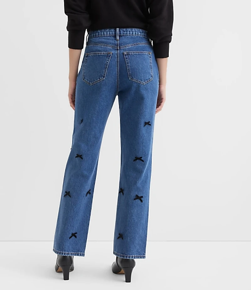 Petite Velvet Bow High Rise Straight Jeans Bright Mid Indigo Wash