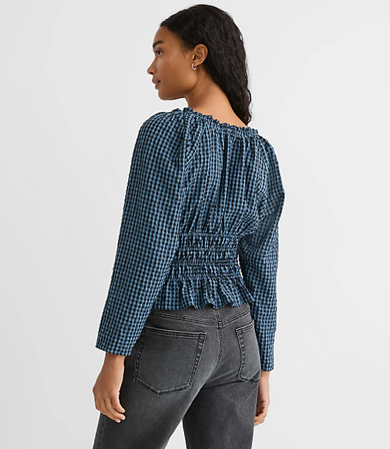 Gingham Smocked Ruffle V-Neck Blouse