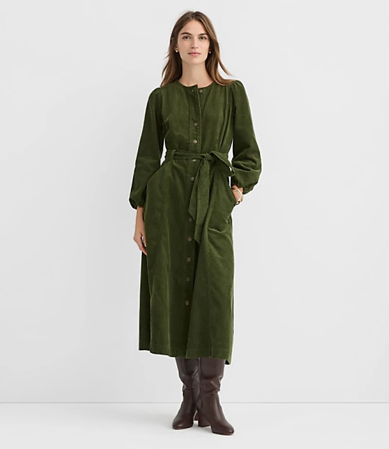Petite Corduroy Seamed Belted Midi Pocket Dress