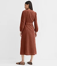 Petite Corduroy Seamed Belted Midi Pocket Dress