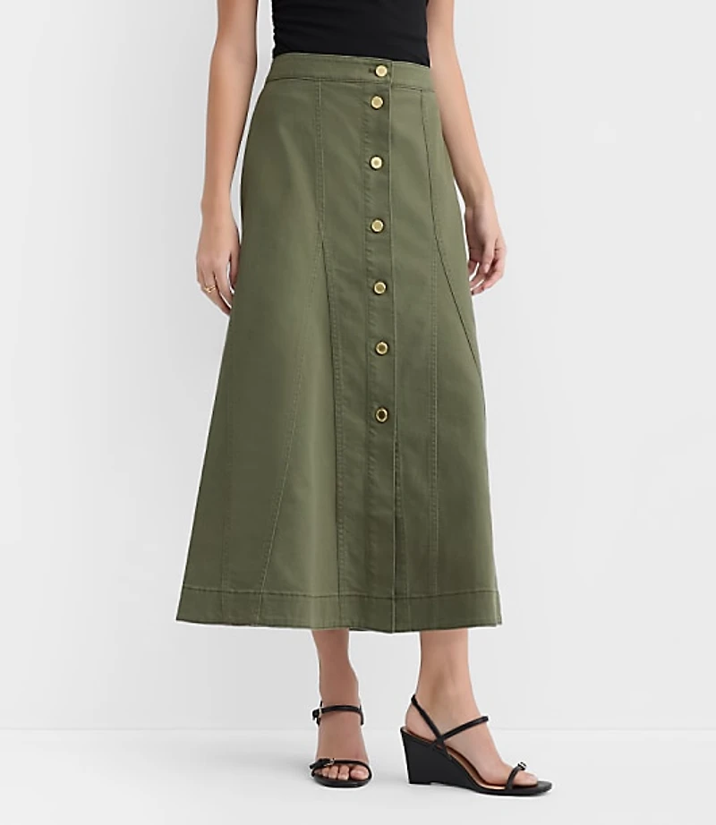 Twill Godet Button Midi Skirt