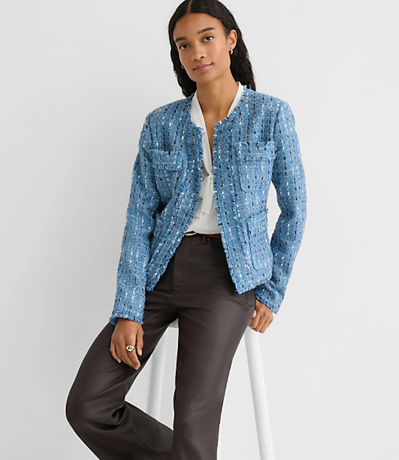 Frayed Tweed Collarless Jacket