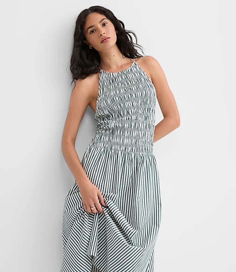 Striped Smocked Halter Midi Dress