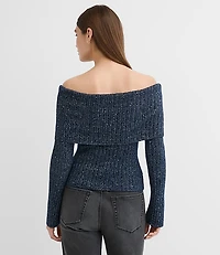 Shimmer Ribbed Flare Sleeve Off The Shoulder Sweater
