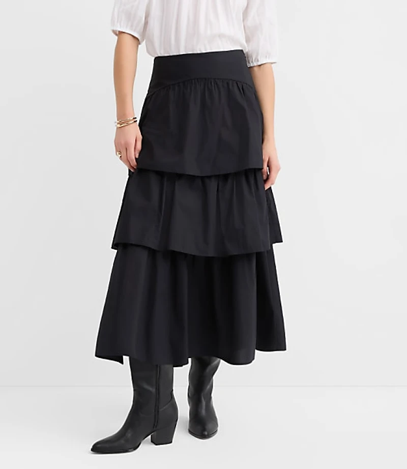 Yoke Poplin Ruffle Tiered Midi Skirt