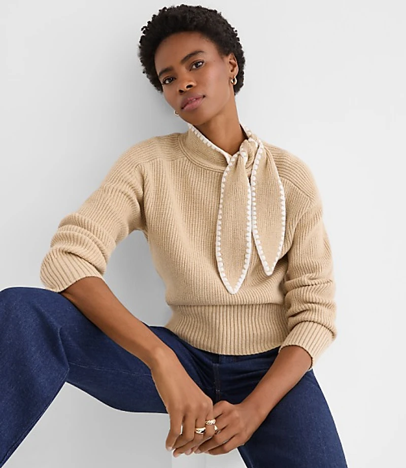 Petite Contrast Stitched Tie Neck Sweater