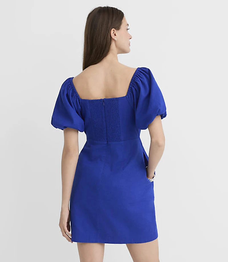 Linen Cotton Puff Sleeve Mini Pocket Dress