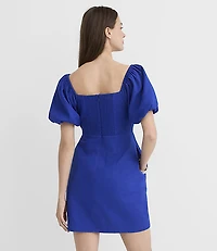 Linen Cotton Puff Sleeve Mini Pocket Dress
