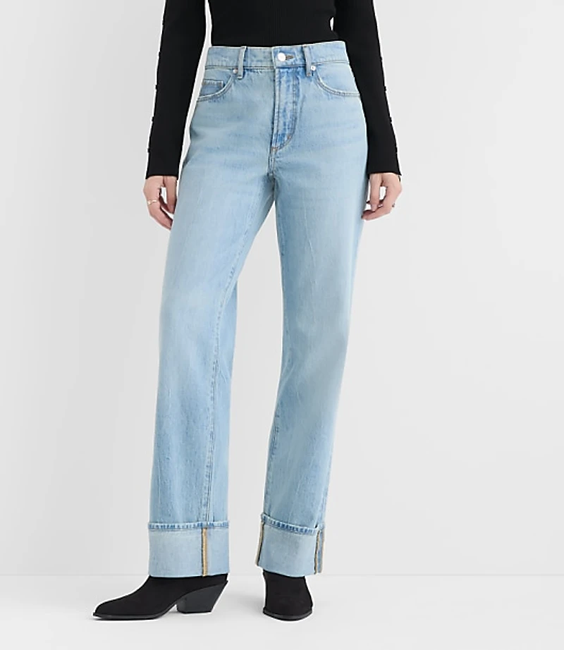 Rivete Cuffed Mid Rise Relaxed Straight Jeans Light Wash
