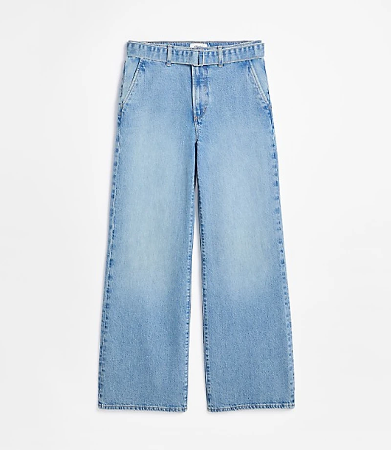 Rivete Petite Curvy Belted High Rise Wide Leg Jeans Light Wash