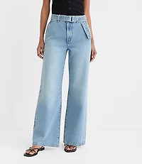 Rivete Belted High Rise Wide Leg Jeans Light Wash