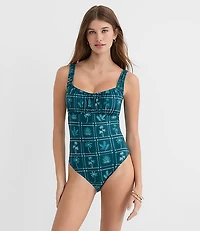 LOFT Beach Palm Ruched Bodice One Piece Swimsuit