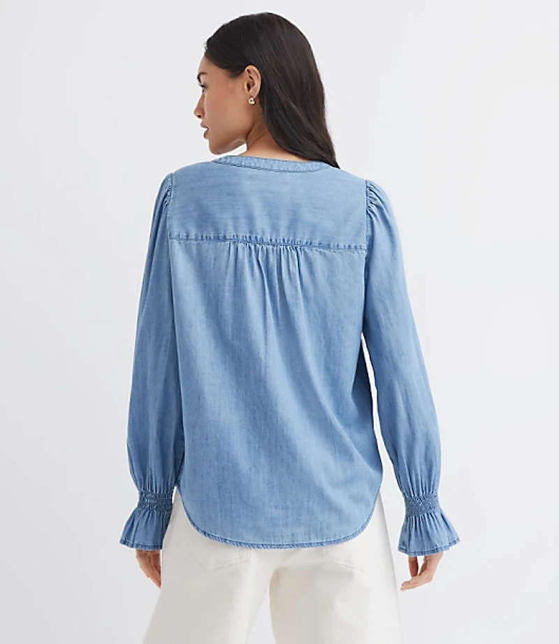 Chambray Pleated Henley Blouse