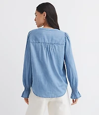 Chambray Pleated Henley Blouse