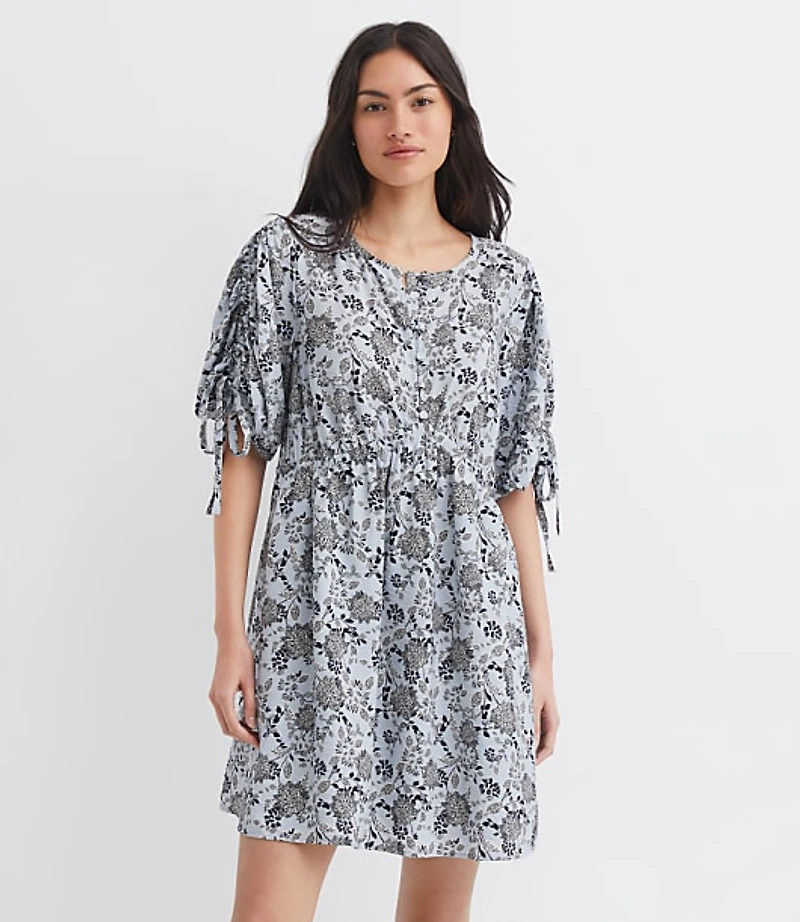 Floral Ruched Sleeve Mini Pocket Dress