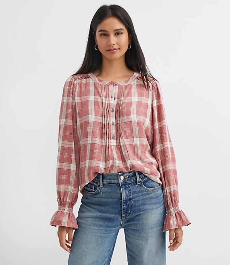 Plaid Pleated Henley Blouse
