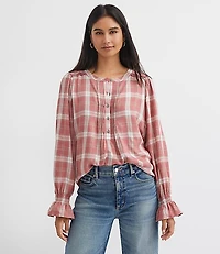 Plaid Pleated Henley Blouse