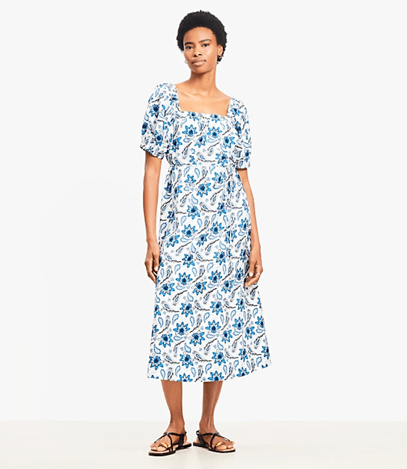 Petite Paisley Smocked Square Neck Midi Dress
