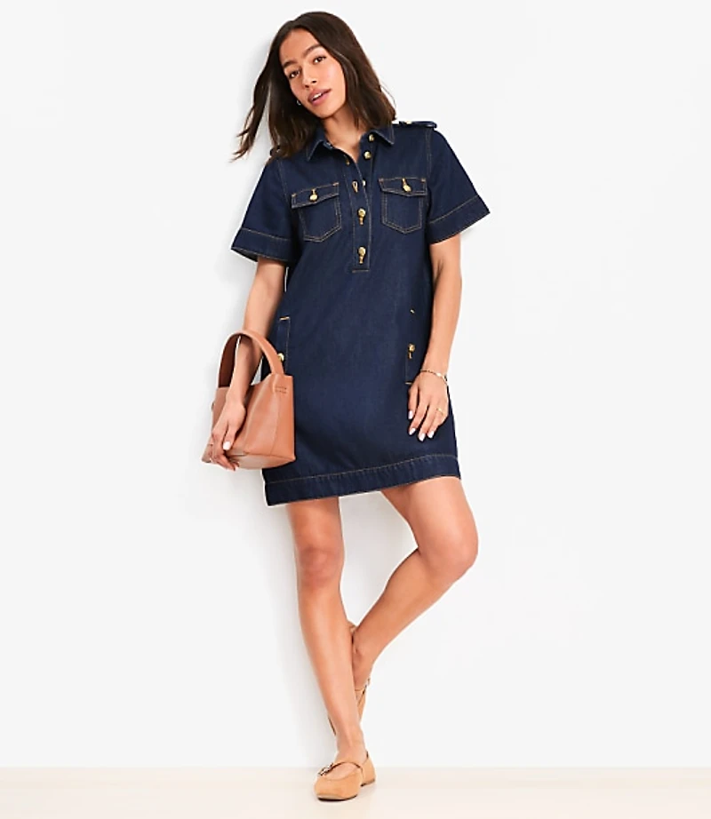 Petite Denim Mini Pocket Dress Classic Rinse Wash
