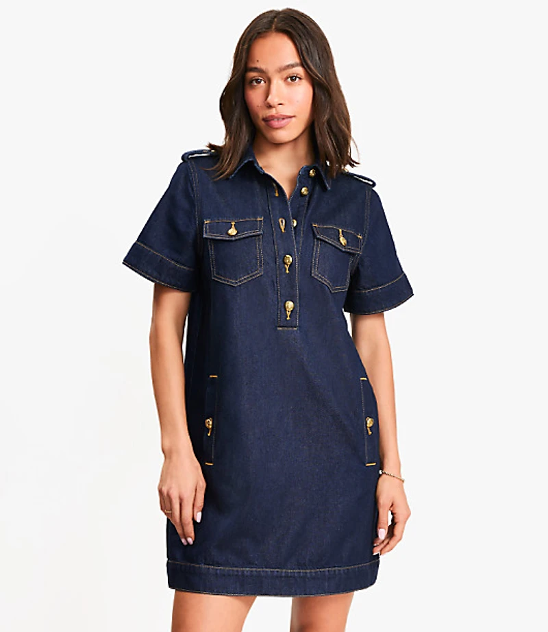 Petite Denim Mini Pocket Dress in Classic Rinse Wash