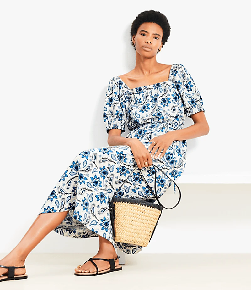 Paisley Smocked Square Neck Midi Dress