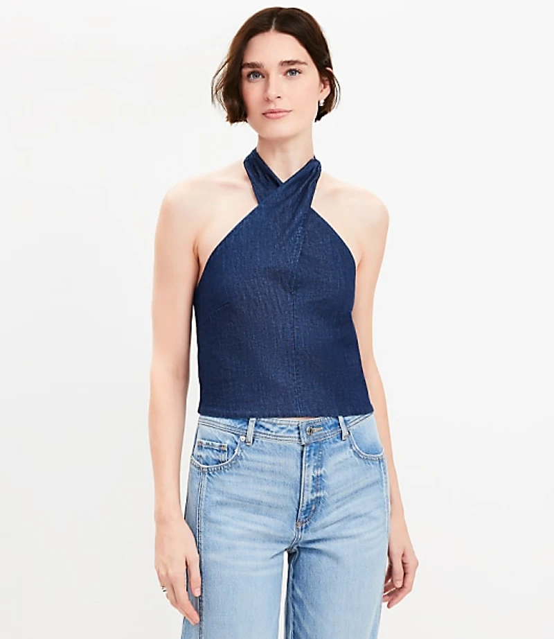 Petite Chambray Crossover Halter Top