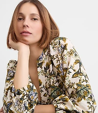 Petite Floral Blouson Sleeve Split Neck Blouse