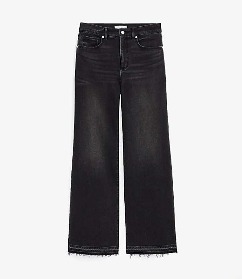 Petite Unpicked Hem High Rise Wide Leg Jeans Washed Black