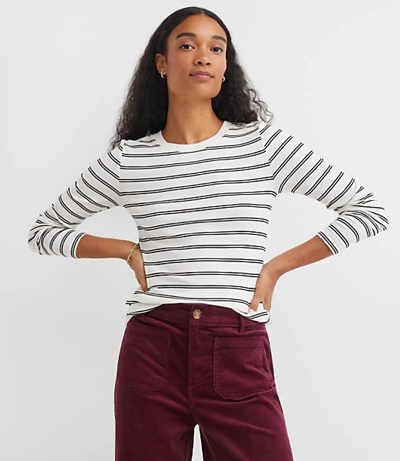 Stripe Ribbed Crew Neck Long Sleeve Tee