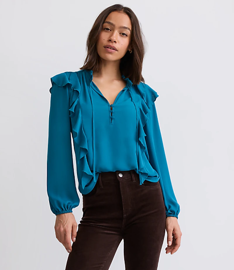 Ruffle Button Tie Neck Blouse