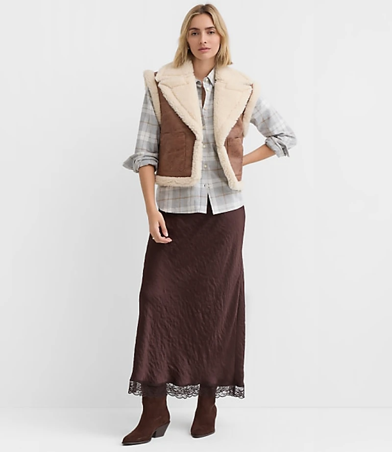 Petite Crackled Faux Suede Sherpa Vest