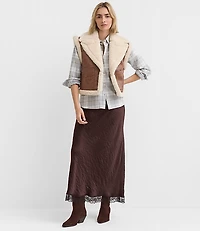Petite Crackled Faux Suede Sherpa Vest