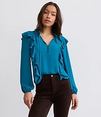 Petite Ruffle Button Tie Neck Blouse