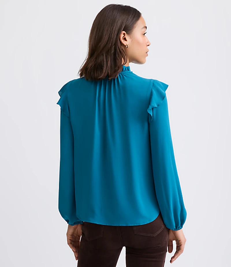 Petite Ruffle Button Tie Neck Blouse