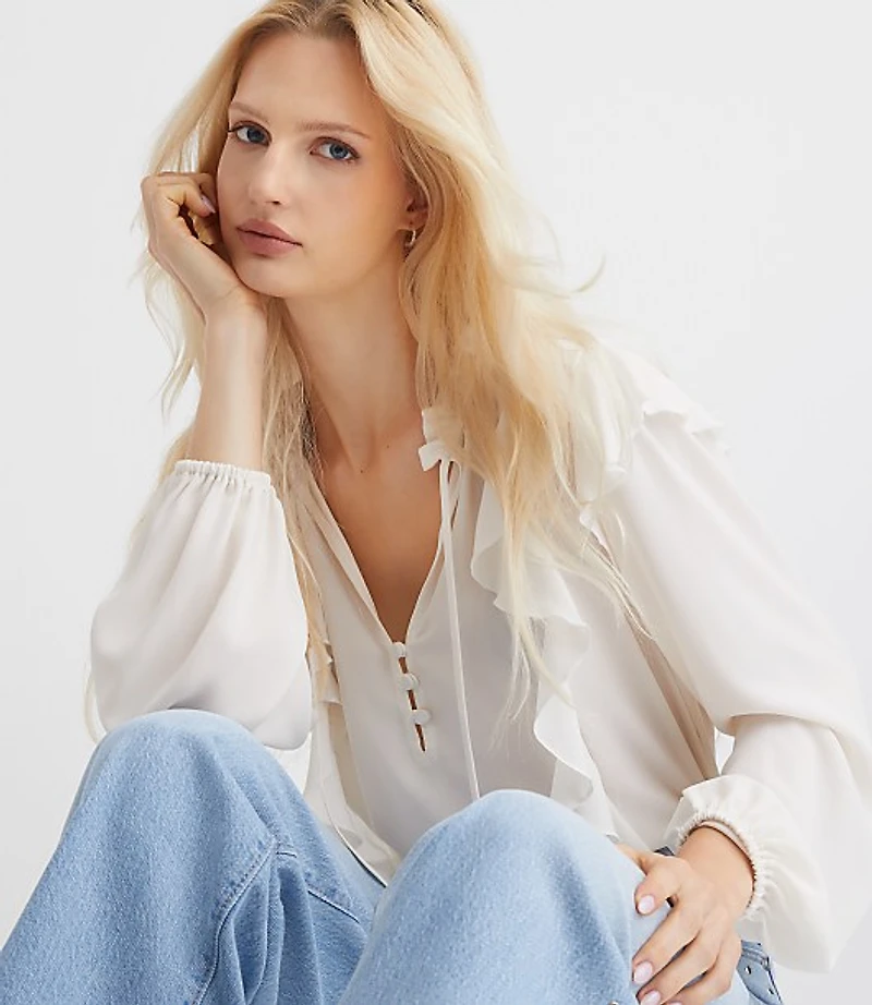Petite Ruffle Button Tie Neck Blouse