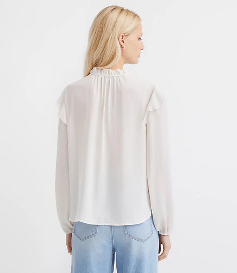 Petite Ruffle Button Tie Neck Blouse