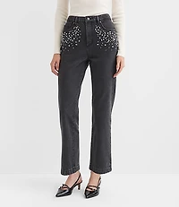 Petite Jeweled Pocket High Rise Straight Jeans Washed Black