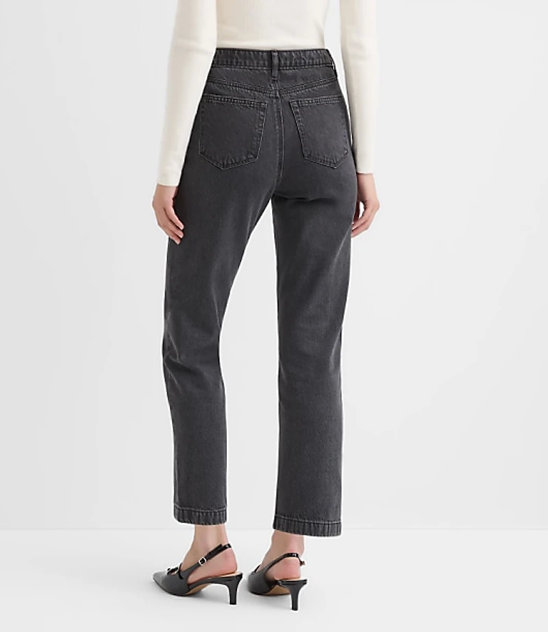 Petite Jeweled Pocket High Rise Straight Jeans Washed Black