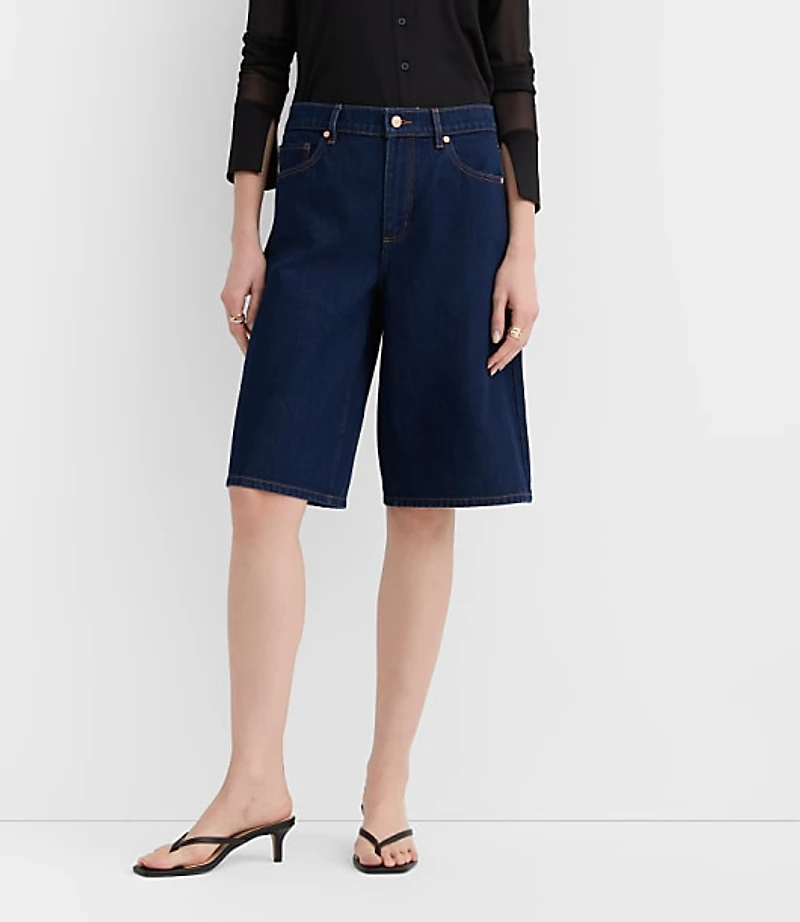 Rivete High Rise Denim Bermuda Shorts Dark Rinse
