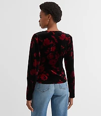 Petite Floral Velvet Puff Sleeve V-Neck Top