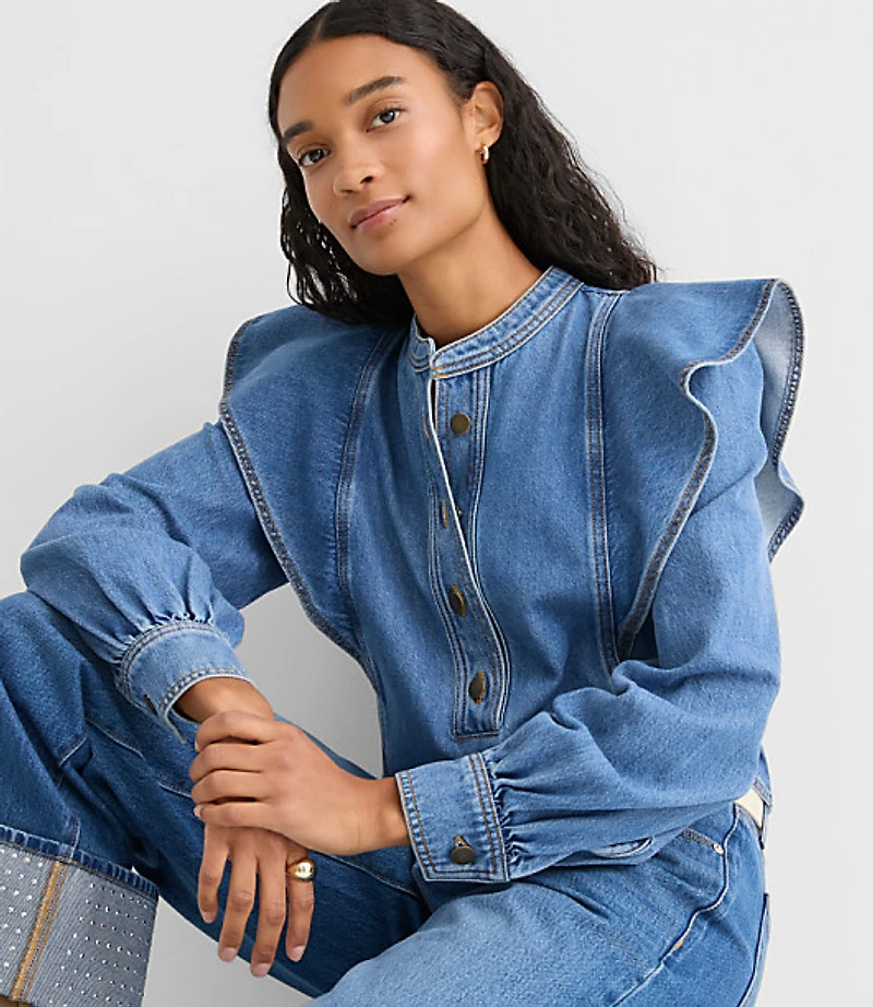 Petite Ruffle Denim Shirt in Light Wash