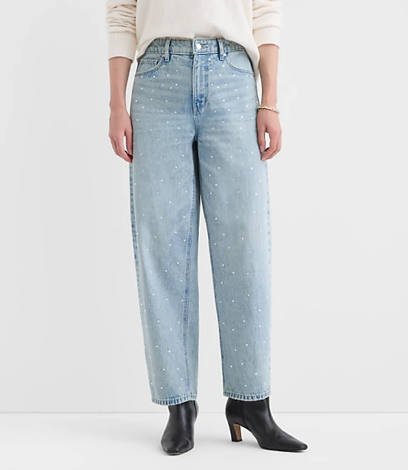 Petite Curvy Sparkle Embellished High Rise Barrel Jeans Vintage Light Indigo Wash