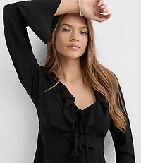 Jacquard Ruffle Tie Neck Blouse