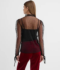 Petite Velvet Dot Tulle Bow Blouse
